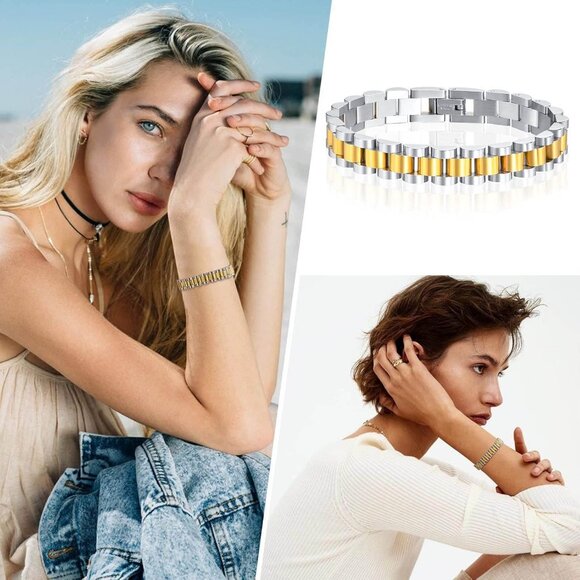 MPRAINBOW 2pcs Gold Chain Link Bracelet Stainless Steel Love Crystal Friendship - Picture 2 of 6